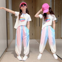 夏着 女の子 2点セット 半袖 Tシャツ 長ズボン ダンス衣装 キッズ 上下セット お洒落グラデーション パンツ DANCE 練習着 舞台服 カジュアル 子供服 ホワイト 110 120 130 140 150 160 170cm