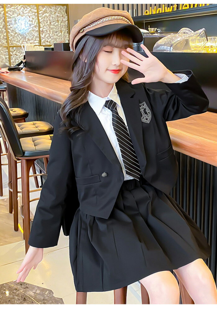 韓国子供服女の子制服セットアップスーツフォーマル3点セット入学式卒業式結婚式発表会七五三受験用記念日キッズガールズ上下セットブレザー+シャツ+スカートオシャレ春秋初節句お宮参りブラック120cm130cm140cm150cm160cm170cm