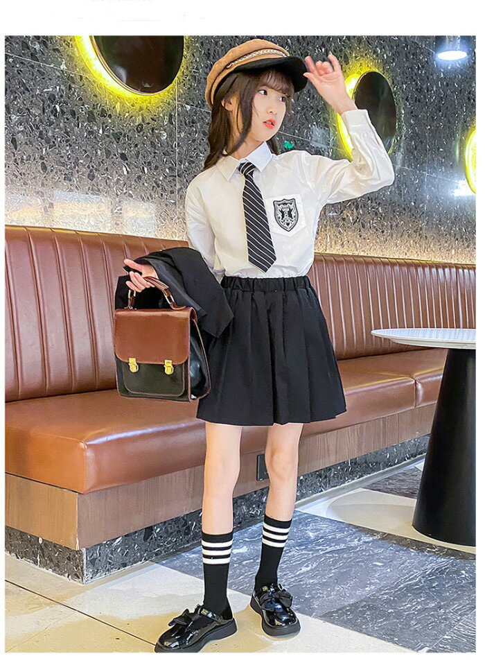 韓国子供服女の子制服セットアップスーツフォーマル3点セット入学式卒業式結婚式発表会七五三受験用記念日キッズガールズ上下セットブレザー+シャツ+スカートオシャレ春秋初節句お宮参りブラック120cm130cm140cm150cm160cm170cm