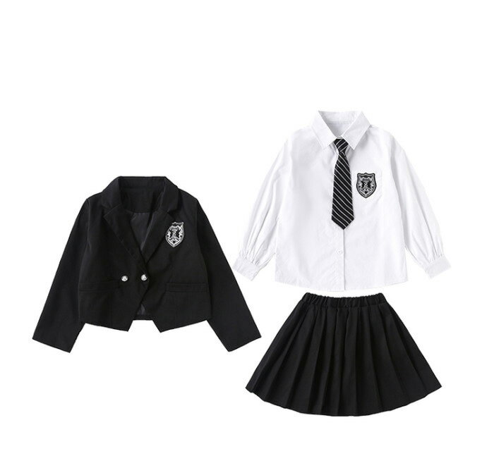韓国子供服女の子制服セットアップスーツフォーマル3点セット入学式卒業式結婚式発表会七五三受験用記念日キッズガールズ上下セットブレザー+シャツ+スカートオシャレ春秋初節句お宮参りブラック120cm130cm140cm150cm160cm170cm