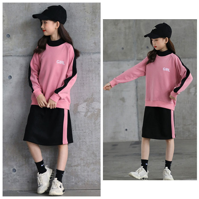 韓国子供服 女の子 セットアップ 春服 秋服 スカートセット 上下 スウェット+スカート レジャー デイリー キッズ 子ども服 上下セット 2点セット 長袖スウェット 丸首 姉妹 記念日 イベント 誕生日 お出かけ 体型カバー 春秋 オシャレ 110 120 130 140 150 160