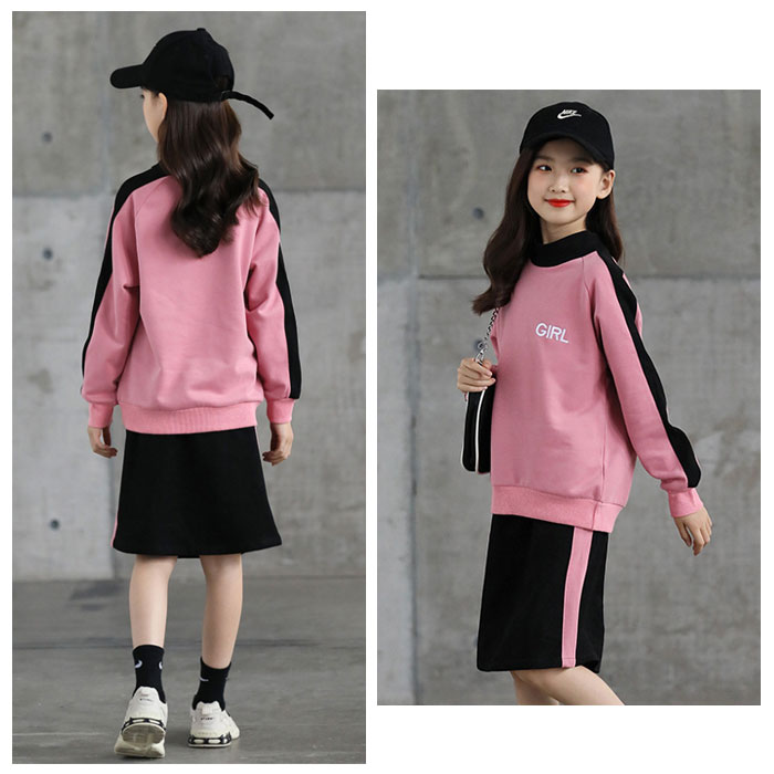 韓国子供服 女の子 セットアップ 春服 秋服 スカートセット 上下 スウェット+スカート レジャー デイリー キッズ 子ども服 上下セット 2点セット 長袖スウェット 丸首 姉妹 記念日 イベント 誕生日 お出かけ 体型カバー 春秋 オシャレ 110 120 130 140 150 160