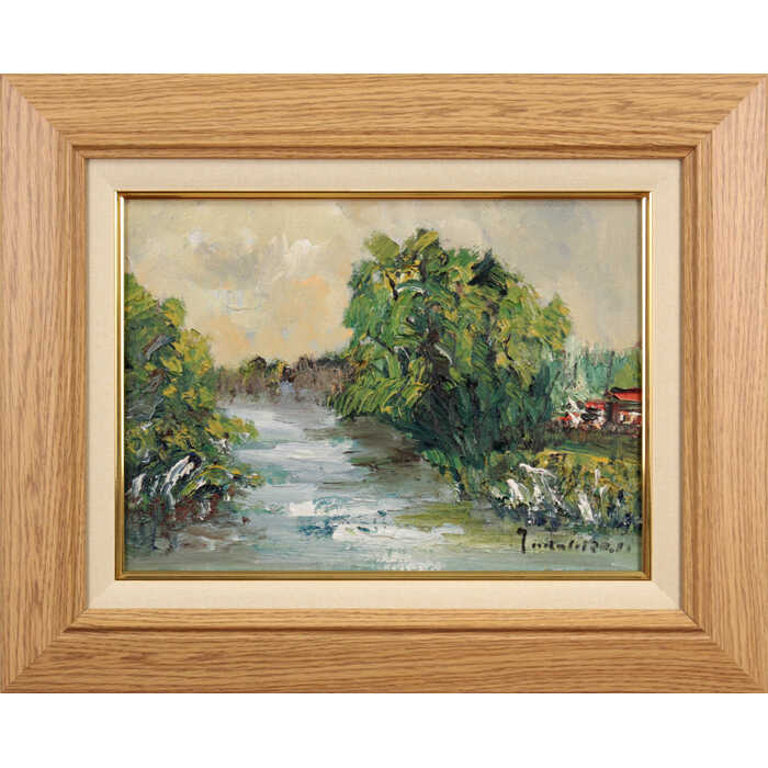 絵肌が美しい、川辺に木々が茂る風景1970年制作技法：油彩画作品サイズ：F4号額のサイズ：高さ39cm×幅48cm×奥行き5.0cm作品の状態：良好ですこちらの作品は、画像と同型の新品の額縁、箱にお入れして発送いたします。新築祝い等のご贈答...