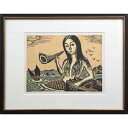 絵画 手島圭三郎 木版画 『人魚』 人物 海岸 空想世界 メルヘン 美術品 アート てじまけいざぶろう
