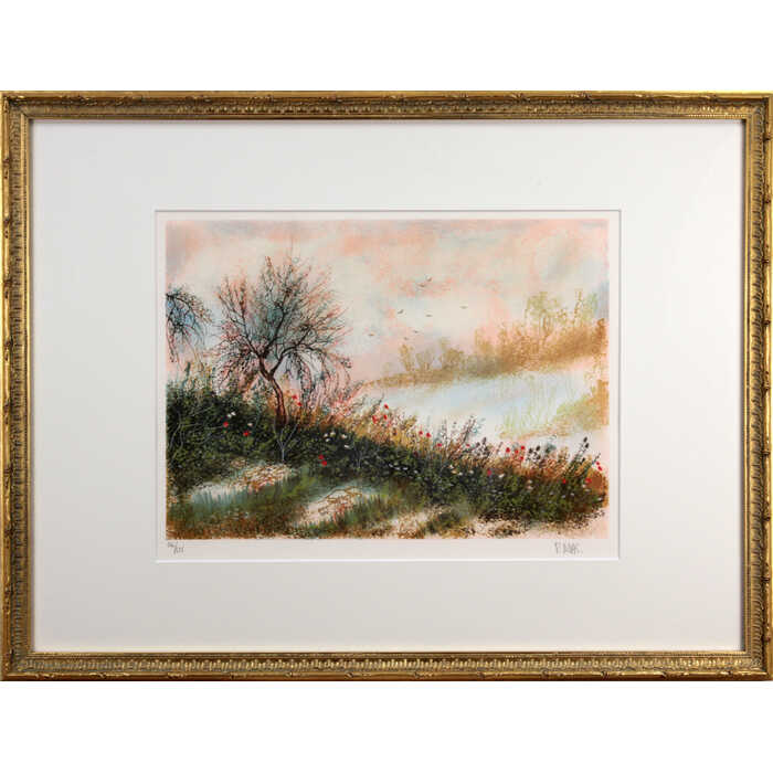 絵画 ピエール・マス リトグラフ 版画 『ポピー』 自然 花 野原 風景 鳥 黄昏 美術品 アート