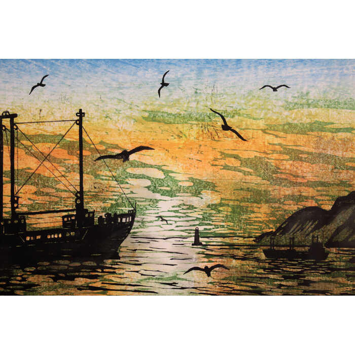 北海道画廊 楽天市場店の絵画 作家不明 木版画 『港の朝』 太陽 海 海岸 港 灯台 船 風景 鳥 明るい 温もり 爽やか 穏やか 美術品 アート｜アングル3