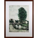 絵画 ベルナール・ガントナー リトグラフ 版画 『ポプラのある川』 家 川 木 橋 風景 外国風景 美術品 アート