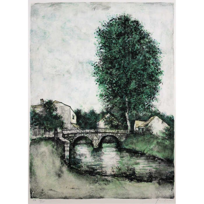 絵画 ベルナール・ガントナー リトグラフ 版画 『ポプラのある川』 家 川 木 橋 風...