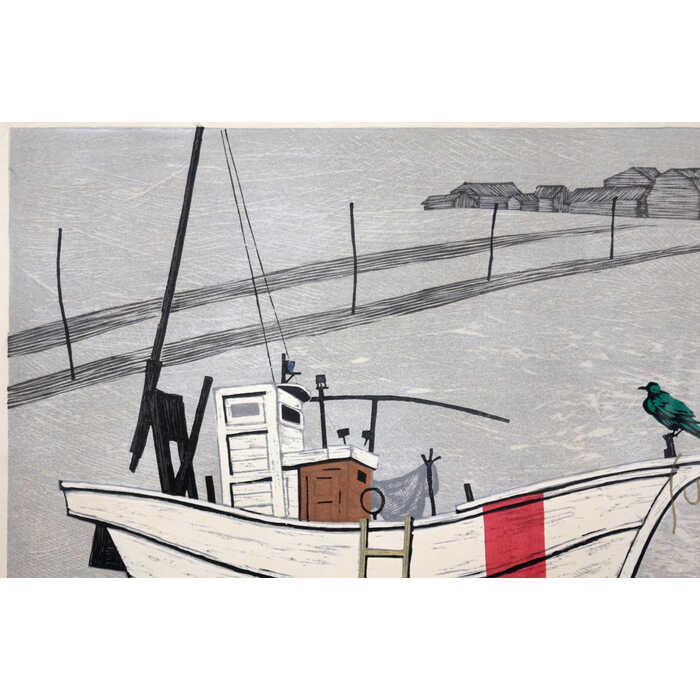 絵画 北岡文雄 木版画 『白い漁船と青い鳥』 家 海岸 船 鳥 美術品 アート きたおかふみお