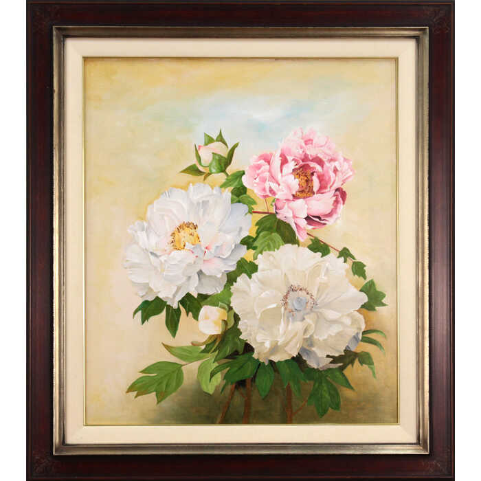 乐天商城 - 絵画 辰将成 油絵・油彩画 『牡丹』 植物 花 静物 優しい 力強い 明るい 生き生き 豪華 一点物 美術品 アート たつまさなり