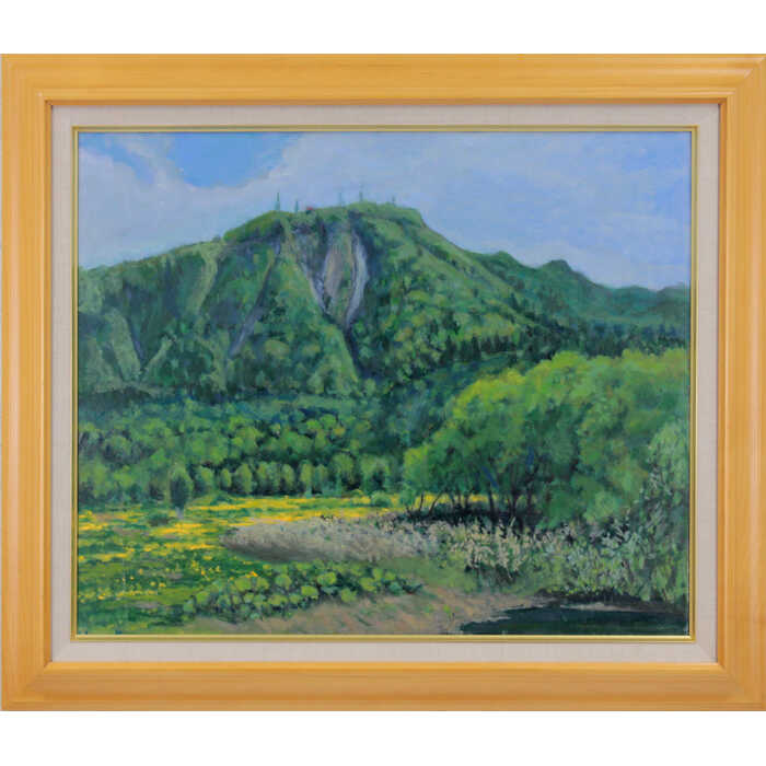絵画 金澤巌 油絵・油彩画 『タンポポの咲く頃（手稲山）』 山 木 森 自然 風景 北海道風景 明るい 生き生き 穏やか 一点物 美術品 アート かなざわいわお