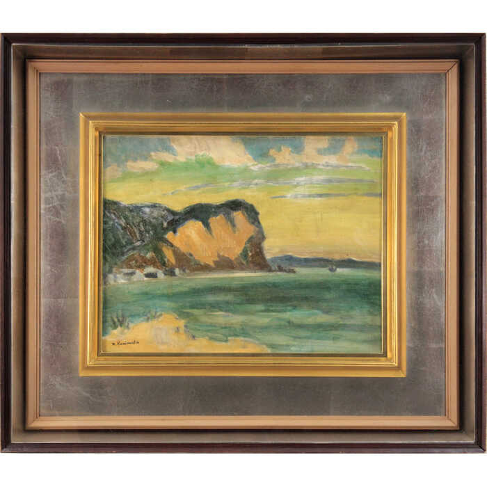絵画 国松登 油絵・油彩画 『バラサン岬 夕映え』 夕日 岬 崖 海 海岸 自然 船 風景 北海道風景 温もり 穏やか 重厚 黄昏 一点物 美術品 アート くにまつのぼる