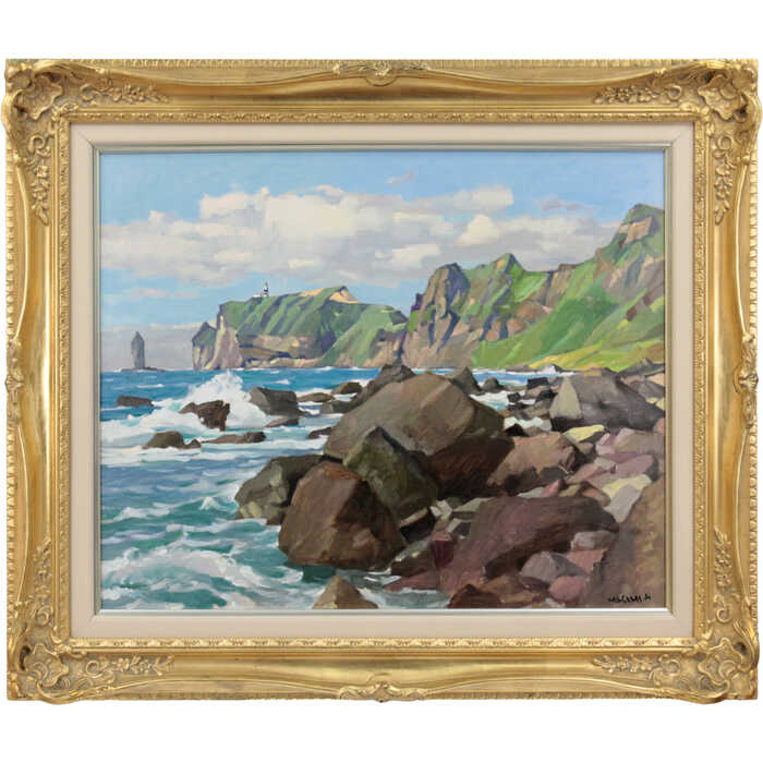 Rakuten - 絵画 山岸正巳 油絵・油彩画 『神威岬の荒磯』 崖 海 海岸 灯台 空 自然 風景 岩 北海道風景 夏 一点物 美術品 アート やまぎしまさみ