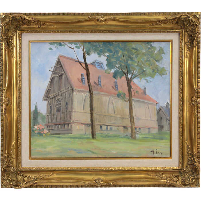 絵画 伊藤仁 油絵・油彩画 『北大農場モデル畜舎』 建造物 木 風景 北海道風景 明るい 淡い 穏やか 一点物 美術品 アート いとうじん