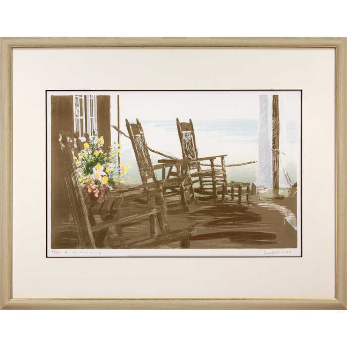 絵画 福本吉秀 リトグラフ 版画 『ファインモーニング』 家 庭 椅子 海 湖 花 風景 夏 爽やか 穏やか 美術品 アート ふくもとよしひで