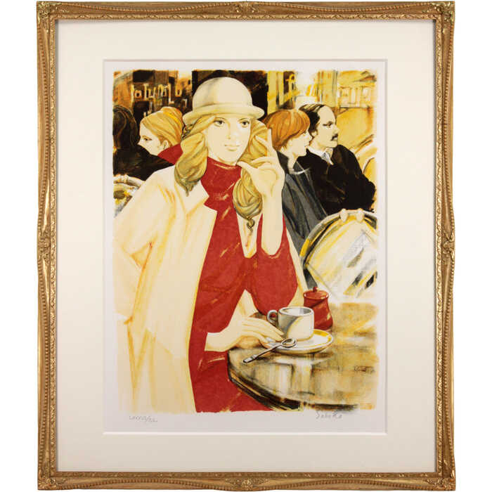 絵画 斎藤三郎 リトグラフ 版画 『カフェ・ブーケ』 人物 室内風景 美人 外国風景 ...