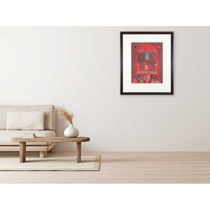 絵画 斎藤真一 リトグラフ 版画 『赤い舞台』 人々 人物 室内風景 明るい 美術品 アート さいとうしんいち