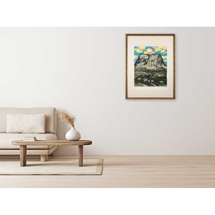絵画 田崎広助 リトグラフ 版画 『春の妙高』 家 山 桜 空 道 風景 日本風景 春 温...