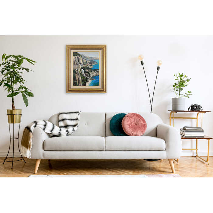 絵画 吉本哲 油絵・油彩画 『アマルフィへ続く断崖』 家 岩 岬 崖 海 海岸 自然 風景 夏 外国風景 優しい 力強い 明るい 一点物 美術品 アート よしもとさとし