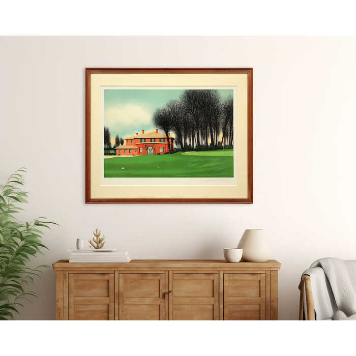 絵画 ジャック・デペルト リトグラフ 版画 『シャンタコの一番ホール』 ゴルフ場 建造物 木 空 明るい 爽やか 美術品 アート