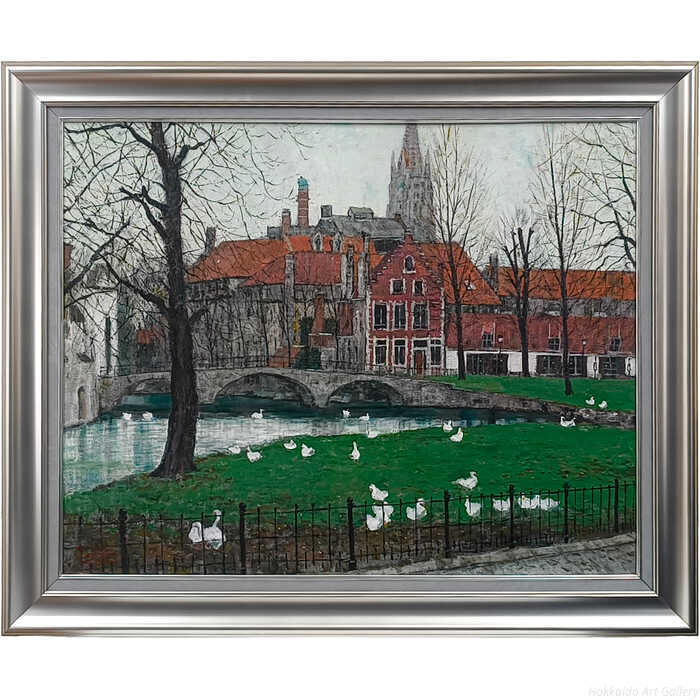 大きいサイズ 大きい絵 著名画家の一点物 中西繁 油絵・油彩画 『朝のベギン会修道院（ブルージュ）』 絵画