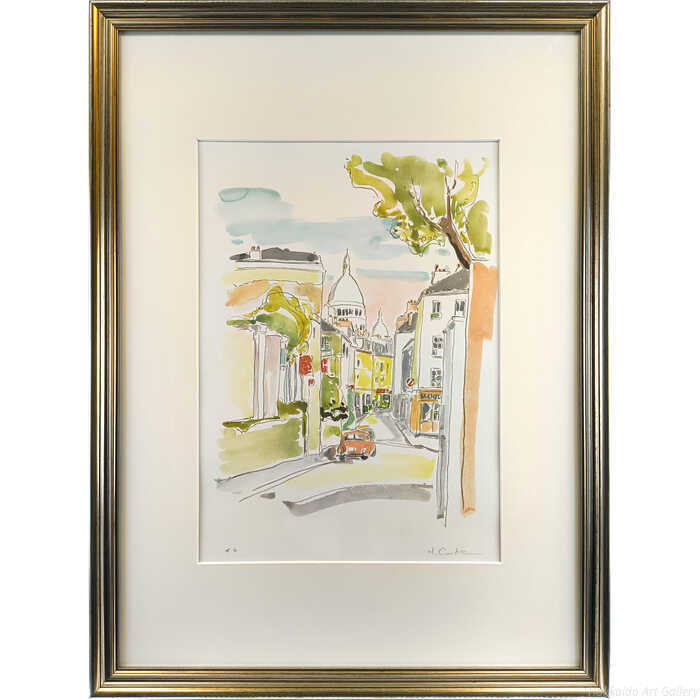 パリで研鑽を積んだ画家の視点で、家並みの向こうのサクレクール寺院が光と色彩豊かに描かれています。その軽やかな筆致が、異国の情景を鮮やかに伝えます。自筆サイン、H.C.版技法：リトグラフ絵のサイズ：縦43×横33cm額のサイズ：高さ80×幅60×奥行き3cm作品の状態：良好です保護箱：合わせ箱大前博士（おおまえひろし / OMAE Hiroshi）＜略歴・情報＞1937広島県に生まれる1945広島市にて被爆1965初の個展「ヒロシマ・アッピール平和公園野外展」開催1969渡仏しパリにアトリエを持つ／三条祇園画廊個展（'70、'72、'74）1971アカデミーグランド・シェミール等で学ぶ（～'73）1972アーティスト・フランセーズ受賞／サロン・ド・トーヌ入選（～'77毎年）1973新しい具象ニューヨーク展招待出品／今井百貨店個展（'75）1980五人展＜柴田米三・織田広喜・児玉幸雄・大沢昌助＞出品1984東京銀座アートセンター100号個展（'86、'88、'90）1986愛媛県立美術館分館個展1988広島県民文化センター100号個展1990松山サンパーク美術館個展1991大阪セルビィス・ギャラリー個展／南フランス・カンヌにて制作1995サロン・ド・トーヌ会員上海展招待出品1996広島福屋八丁堀本店個展（～'14）1997日仏現代作家展招待出品（'98、'00、'02）1998日本の秀作美術展招待出品（アルゼンチン）2015ヒロシマ・アッピール2015／ヒロシマ黙示録「黒い世界と白き眼光」開催2016「黒い世界と白き眼光」東京芸術劇場ギャラリー12018「私は見た」1945.8.6 三良坂平和美術館＜所属＞日本美術家連盟会員、AMCS(国際企画選考委員会)公式認定画家＜特徴＞野口弥太郎に師事。被爆体験を原点に、パリでの研鑽や中近東への取材を経て独自の画風を確立。光と色彩が躍動する具象画から、近年は「ヒロシマ」の記憶を風化させないための力強い大作を精力的に発表している。＜作品収蔵＞愛媛県立美術館、カジカワ資料ホール、三良坂平和美術館注意事項：お使いのモニターの発色具合によって、実際のものと色が異なる場合がございます。