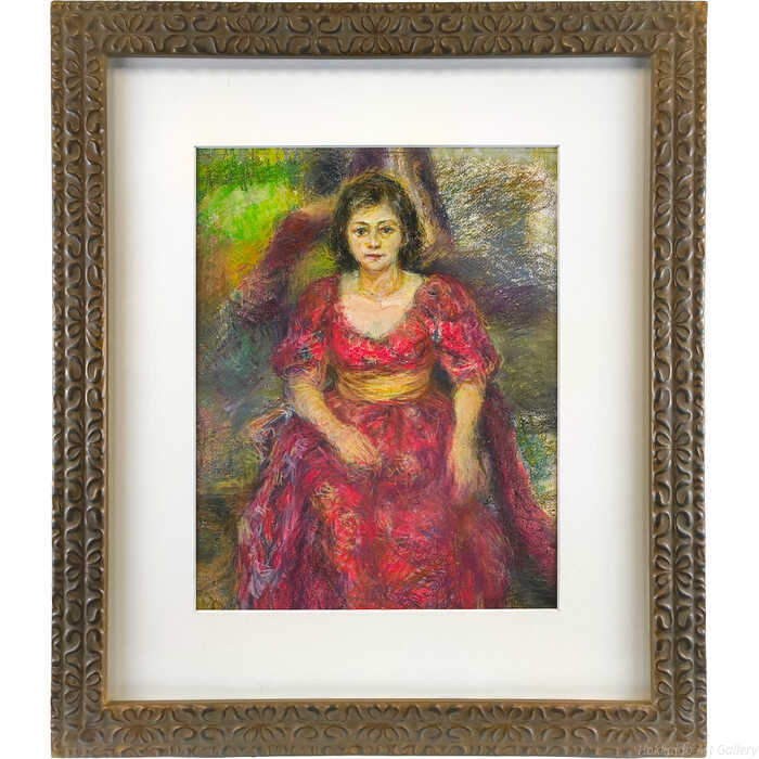 真っ赤なドレスの女性像は、確かな写実力と伝統的な油彩技法で描かれ、品格ある表情と豊かな色彩が画面に深みをもたらしています。技法：パステル画マット内寸：縦40×横31cm額のサイズ：高さ64×幅55×奥行き3cm作品の状態：良好です保護箱：差し箱斎藤秀夫（さいとうひでお / SAITO Hideo）＜略歴・情報＞1943福島県に生まれる1966中央大学卒業1968伊藤清永に師事1969白日会展入選／白日賞受賞1970白日会展文部大臣奨励賞受賞1973白日会会員1978日展入選1991日展特選（'93）1992文化庁現代美術選抜展出品（'94）1998日展審査員（'02、'03、'07、'10、'15、'19）1999白日会展中沢賞受賞／日展会員2004新宿京王百貨店にて個展（以後毎年）2007白日会展伊藤賞受賞2019白日会展八咫烏賞受賞／日展内閣総理大臣賞受賞2020日展理事2021白日会副会長＜所属＞日展理事、白日会会長＜特徴＞伊藤清永に師事し、白日会と日展を拠点に活動。確かな写実力を基底に、内閣総理大臣賞を受賞するなど現代具象画壇を牽引する。伝統的な油彩技法を継承し、格調高い画面構成と品格ある表現を追求している。注意事項：お使いのモニターの発色具合によって、実際のものと色が異なる場合がございます。