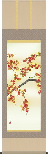 掛け軸-紅葉に小鳥／緒方葉水（尺五 桐箱 緞子）花鳥画掛軸 