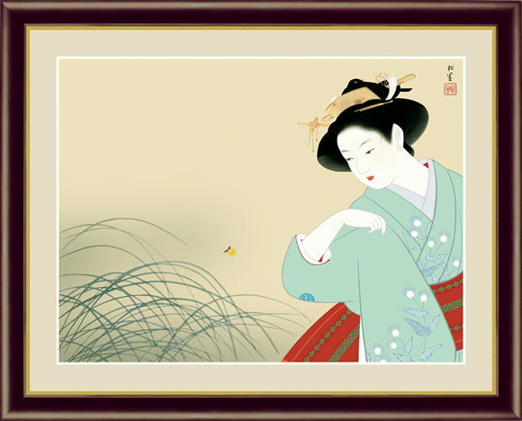 新螢（にいぼたる） 明治の京都下京に生まれ育った女流画家。「一点の卑俗なところもなく清澄な感じのする香り高い珠玉のような絵」、「真・善・美の極致に達した本格的な美人画」を念願として女性を描き続けた。1948年（昭和23年）女性として初めて文化勲章を受章。 ◆サイズ：52×42cm（額サイズ） ◆本紙：新絹本 ◆額／木製（前面アクリルカバー） ◆高精細巧芸画 ※受注制作・取寄せのため1週間程度（土・日・祝を除く）の日数をいただきます。 ※一部商品につきましては、在庫出荷あるいはメーカー直送でお届けいたします。 ※期日指定がある場合は、事前にお問合せをお願いいたします。 送料無料サービス中♪日本の美術界をリードした巨匠たちの作品をより多くの美術愛好家にご紹介し、その素晴らしさに触れていただくため、皆様にお手頃なお値段でお届けできるよう高精細巧芸制作技術を用いて完成させました。 商品番号 G4-BN037 新螢（にいぼたる）/上村松園 名画と向き合いながら暮らす贅沢〜ちょっとした心遣いで、住まいの空間は息づく〜 ◆サイズ：52×42cm（額サイズ） ◆本紙：新絹本 ◆額／木製（前面アクリルカバー） ◆高精細巧芸画 ※受注制作・取寄せのため1週間程度（土・日・祝を除く）の日数をいただきます。 ※一部商品につきましては、在庫出荷あるいはメーカー直送でお届けいたします。 ※期日指定がある場合は、事前にお問合せをお願いいたします。 送料無料サービス中♪ 上村松園(1875-1949) 明治の京都下京に生まれ育った女流画家。「一点の卑俗なところもなく清澄な感じのする香り高い珠玉のような絵」、「真・善・美の極致に達した本格的な美人画」を念願として女性を描き続けた。1948年（昭和23年）女性として初めて文化勲章を受章。