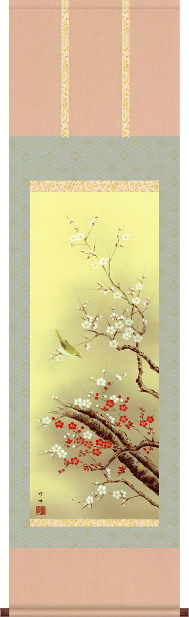 掛軸 掛け軸-紅白梅に鶯/田村竹世 花鳥画掛軸送料無料(小さめ尺三 化粧箱 緞子)紅白梅の花鳥画掛け軸 モダンに掛物を吊るす