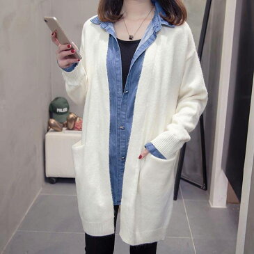 フェイクレイヤードカーディガン 重ね着風 ニットカーディガン レディース カーデ ロングカーディガン ポケット付き ゆったり デニム シャツ レイヤード カジュアル