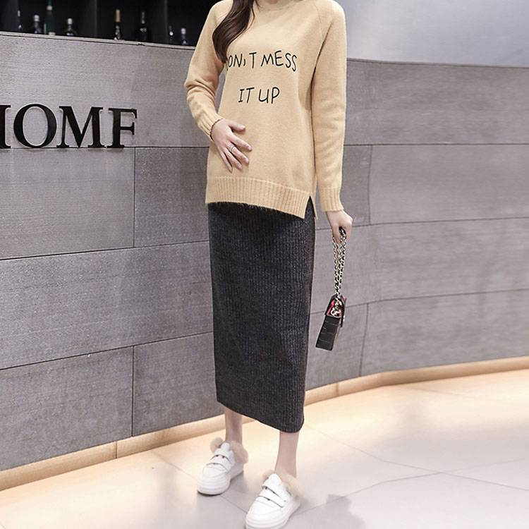 綺麗なシルエットに一目惚れ マタニティニットスカート ペンシルスカート マタニティスカート マキシ丈 通勤 オフィス オシャレ ニットスカート マタニティ スカート 超可爱 ロングスカート タイト リブニット 産前産後 秋冬 厚手 アジャスター付き 冷え防止 バック