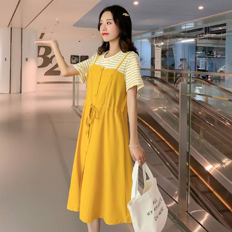 授乳服 マタニティワンピース 長袖ワンピース 半袖 重ね着風 フェイクレイヤード キャミソール 授乳口 ボーダー お洒落 ガーリー 結婚式 通勤 お出かけ 入卒式 お呼ばれ