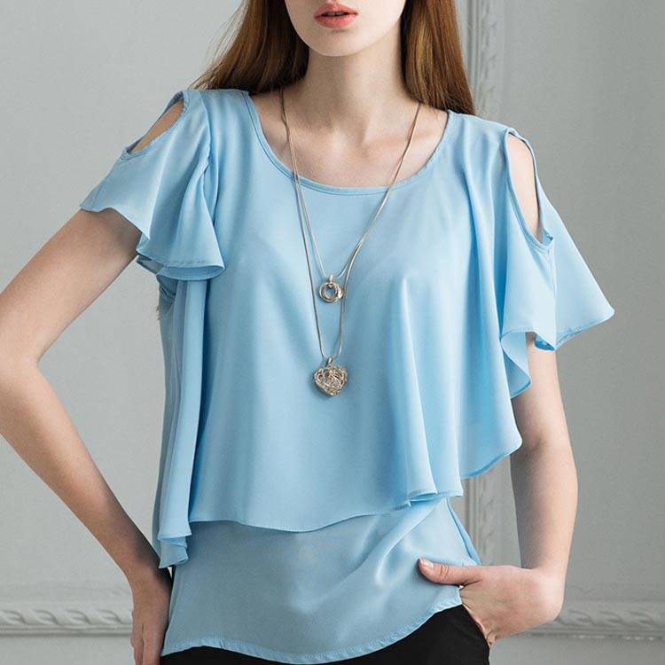 送料無料 ブラウス/レディース/半袖ブラウス/無地ブラウス/薄手ブラウス/フレアスリーブ/シフォン袖/透け感/肩あき/ラウンドネック/ゆったり/プルオーバー/トップス/お洒落/キレイめ/フェミニン/カジュアル/夏新作