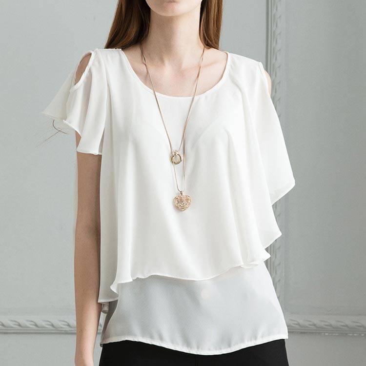 送料無料 ブラウス/レディース/半袖ブラウス/無地ブラウス/薄手ブラウス/フレアスリーブ/シフォン袖/透け感/肩あき/ラウンドネック/ゆったり/プルオーバー/トップス/お洒落/キレイめ/フェミニン/カジュアル/夏新作