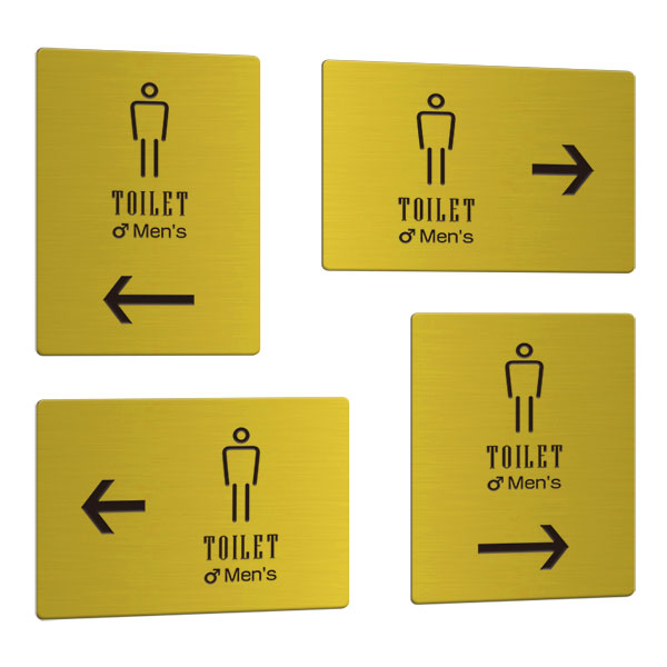 〈真鍮製〉【アロープレート（矢印付きの案内プレート）】「男性トイレ」縦横4種からお選びください。《表札工房あかり》