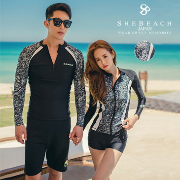 あす楽 メンズ 水着 ハーフパンツ 長袖 ラッシュガード 2点セット 韓国ブランド SHEBEACH NOISE RASHGUARD SHORT PANTS (MEN) シービーチ 正規品 日焼け対策 冷え防止 クラゲ対策 男性 グランジ柄 クール 全身コーデ ポケット付き 裏地あり UPF50+ UVカット 即日発送