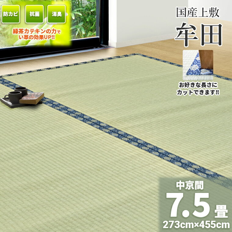 自社独自の緑茶カテキン吹付加工【中京間　7.5畳　約273cm×455cm】フリーカット対応 国産 　上敷き『牟..
