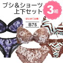 【B75】3組 3点 3枚 ブラ ショーツ 上下 セット おまとめ 複数 バラエティ モールドカップ Tシャツブラ シームレス プリント 柄モノ レース