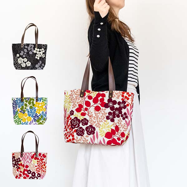亥之吉 中トートバッグ かだん 花壇 ボタニカル トートバッグ レディース キャンバス 和柄 花柄 オリジナルテキスタイル A4ファイルもOK 軽くて丈夫な帆布 和モダン 通勤 通学 鞄 和柄 ギフト プレゼント 母の日 inokichi