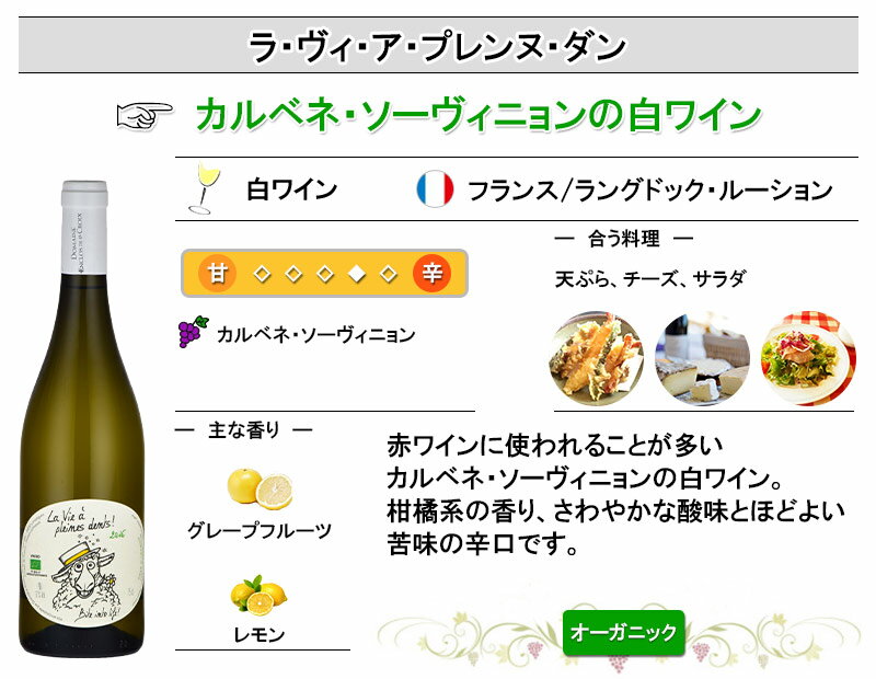 オーガニックワインラ・ヴィ・ア・プレンヌ・ダン白ワインオーガニックカベルネ・ソーヴィニョンフランスwineバレンタイン