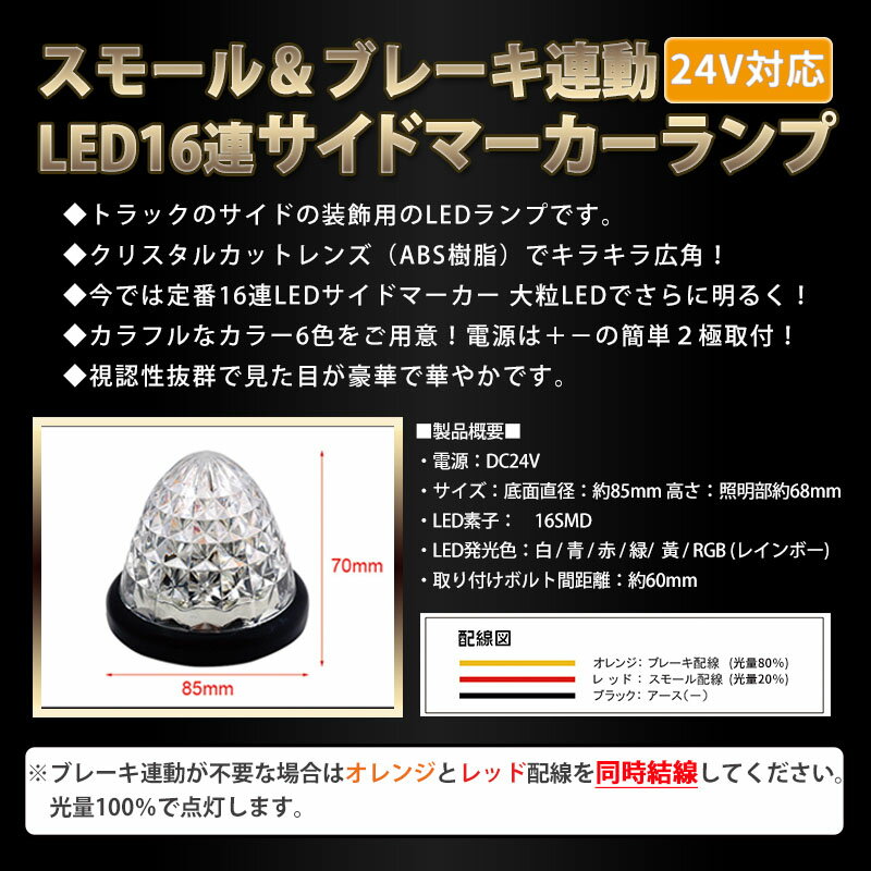 【クーポン配布中】 トラックマーカー トラック用品 LED 24V専用 クリスタルカット仕様 バスマーカー サイドマーカー 16LED トラック バス 積載車 レッカー クリアレンズ マーカーランプ 汎用 LEDマーカー 車幅灯 赤 青 黄 白 緑 2個セット