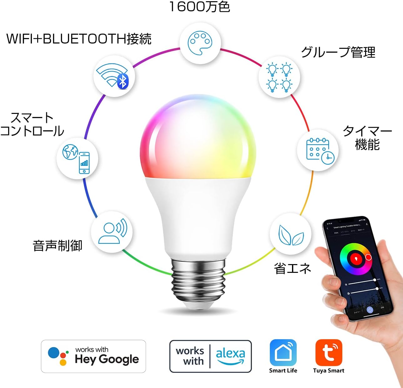 スマート電球 LED電球 スマートライト E26 60W形相当 810lm 昼光色 RGBCWマルチカラー アプリ制御 2.4GHz Wi-Fi 遠隔操作 Alexa Google Home対応 タイマー機能 リビングー 1個入り 4個入り