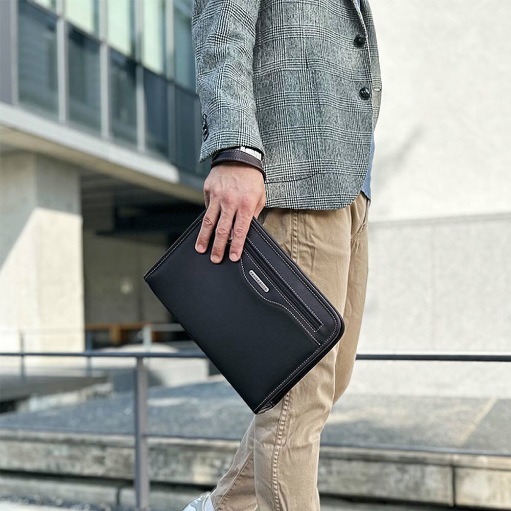 セカンドバッグ クラッチバッグ メンズ セカンドポーチ 結婚式 B5 29cm ストラップ付き マチあり 大開き 黒 チョコ CRADLE RIVER 開口部が大きめ