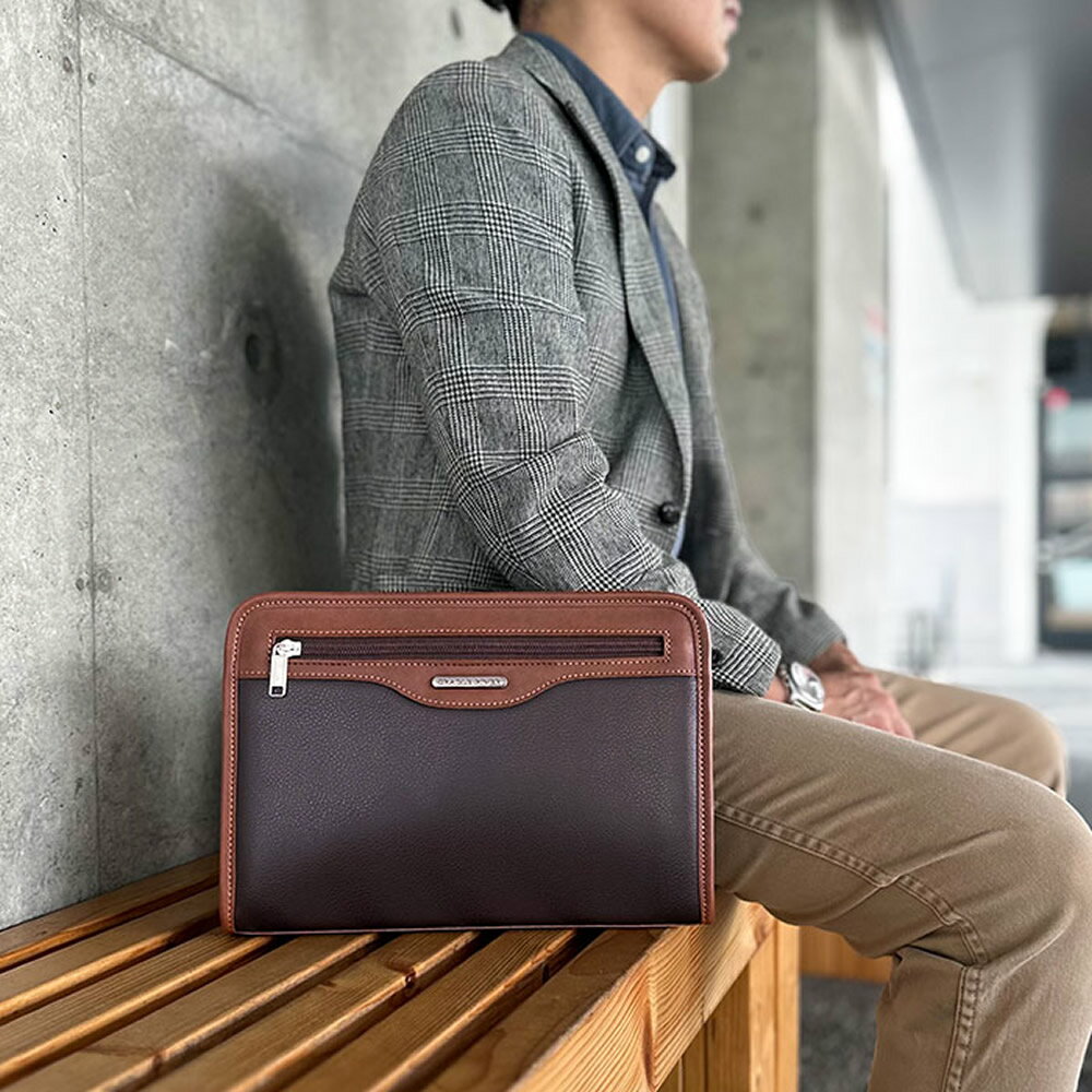 セカンドバッグ クラッチバッグ メンズ セカンドポーチ 結婚式 B5 29cm ストラップ付き マチあり 大開き 黒 チョコ CRADLE RIVER 開口部が大きめ