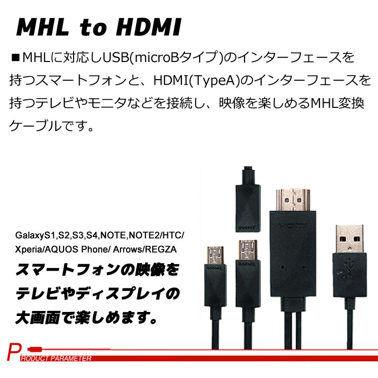 スマホ対応HDMIケーブル Galaxy s1 s2 s3 s4 Note2 HTC LG スマートフォン用 MHL to HDMI変換ケーブル USB-Aコネクタ付 1.8m