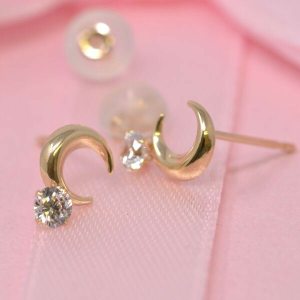 月 ムーン キュービック ピアス K10 10金 ピアス レディース 人気 かわいい