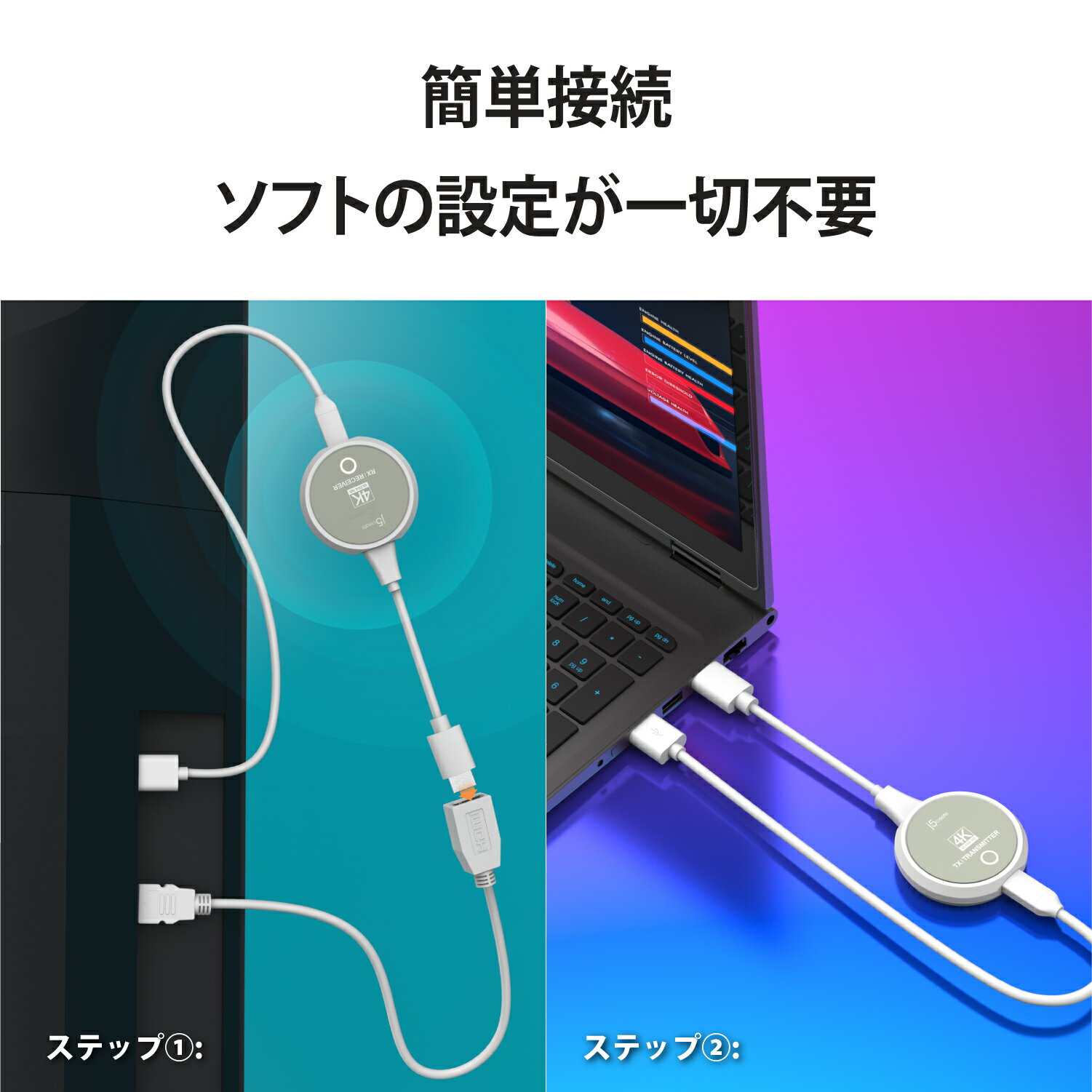 j5create 4K ワイヤレス HDMI HDMI to HDMI 受送信機【HDCP対応 無線距離30m 5G/2.4GHz プラグ&プレイ】受信機Miracast AirPlay Chromecast対応 大画面ミラーリング 複製モード 拡張モード対応 会議室/教室/自宅 JVAW75-EJ
