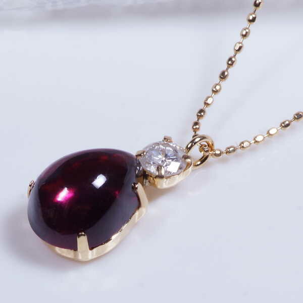 Garnet - ロードライトガーネット ダイヤ ペンダントネックレス カボション ハーフ ティア ドロップ 18金 45cm 1月誕生石
