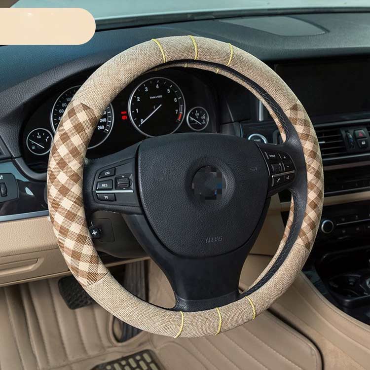 ハンドルカバー テアリングカバー リネン 可愛い ハンドルカバー 普通車 O型 通気 チェック柄 亜麻 吸汗 滑り止め 兼用 車用品 春夏 おしゃれ 内装品 軽自動車 四季通用 オールシーズン 3